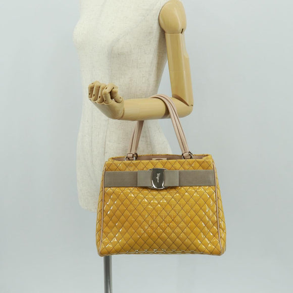 Salvatore Ferragamo Hand Bag Patent leather Yellow Silver Auth ka1247