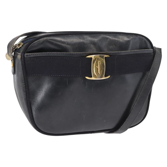 Salvatore Ferragamo Shoulder Bag Leather Navy Gold Auth ka1249