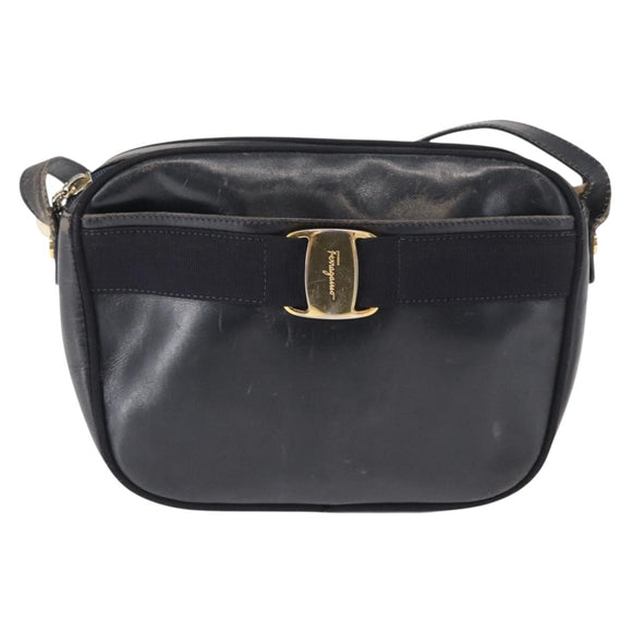 Salvatore Ferragamo Shoulder Bag Leather Navy Gold Auth ka1249