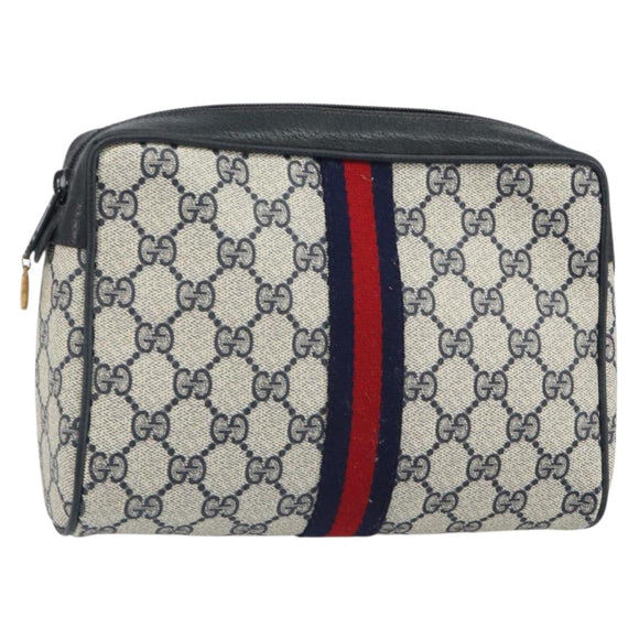 GUCCI GG Supreme Sherry Line Clutch Bag PVC Navy Gold 89 01 012 Auth ka1253