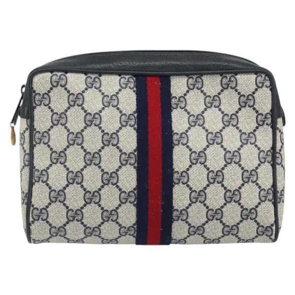 GUCCI GG Supreme Sherry Line Clutch Bag PVC Navy Gold 89 01 012 Auth ka1253