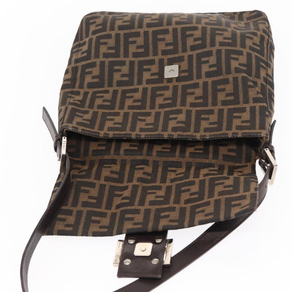 FENDI Zucca Canvas Mamma Baguette Schoudertas Zwart Bruin Auth ka126