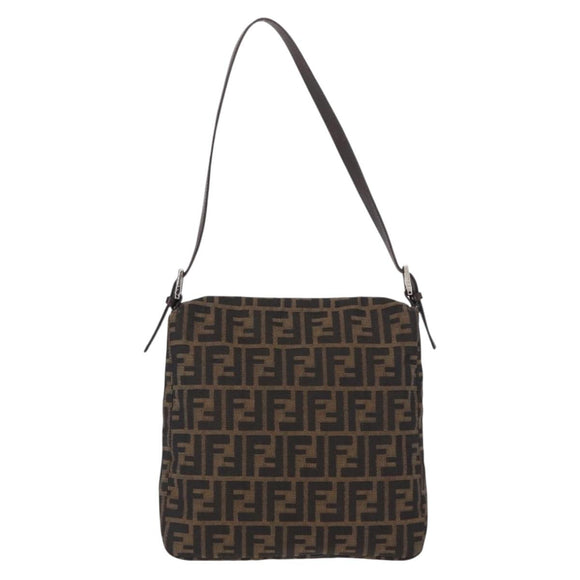 FENDI Zucca Canvas Mamma Baguette Schoudertas Zwart Bruin Auth ka126