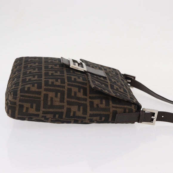 FENDI Zucca Canvas Mamma Baguette Schoudertas Zwart Bruin Auth ka126