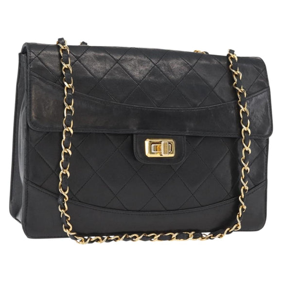 CHANEL Matelasse Chain Shoulder Bag Lamb Skin Black Gold CC Auth ka1267