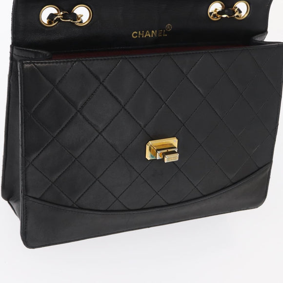 CHANEL Matelasse Chain Shoulder Bag Lamb Skin Black Gold CC Auth ka1267