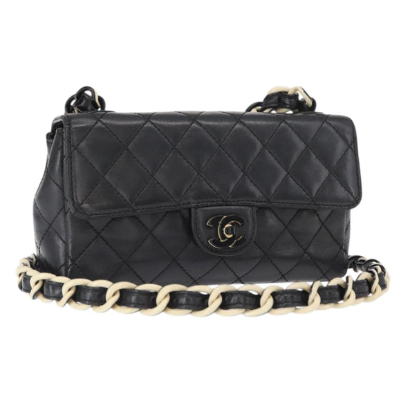 CHANEL Chain Matelasse 20 Boy Chanel Bag Lamb Skin Black Silver CC Auth ka1271V