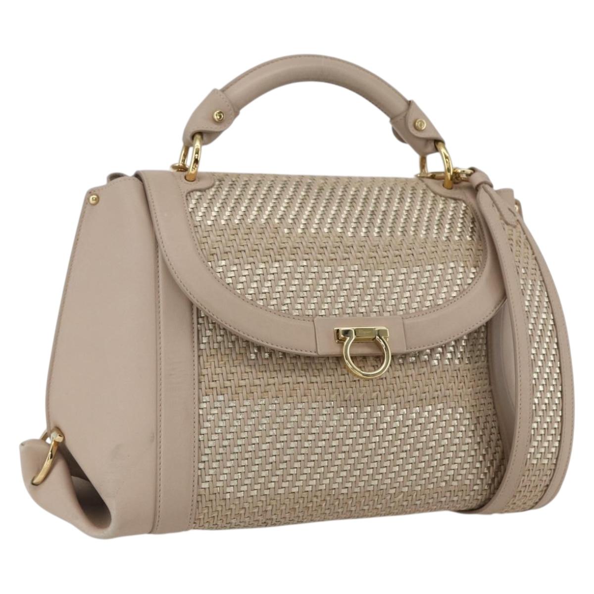 Salvatore Ferragamo Gancini Hand Bag Leather 2way Beige Gold Auth