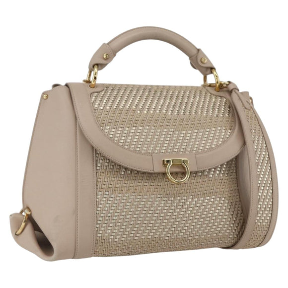 Salvatore Ferragamo Gancini Hand Bag Leather 2way Beige Gold Auth ka1275