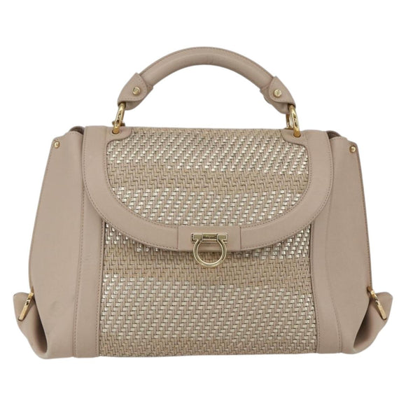 Salvatore Ferragamo Gancini Hand Bag Leather 2way Beige Gold Auth ka1275