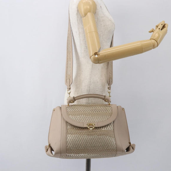 Salvatore Ferragamo Gancini Hand Bag Leather 2way Beige Gold Auth ka1275