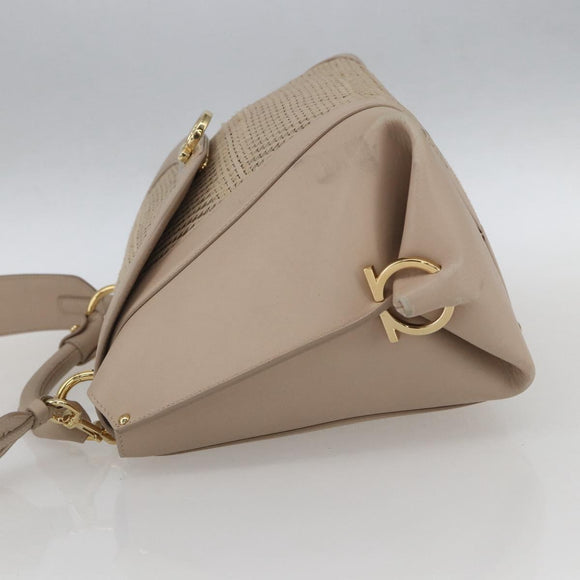 Salvatore Ferragamo Gancini Hand Bag Leather 2way Beige Gold Auth ka1275