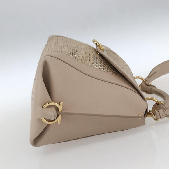 Salvatore Ferragamo Gancini Hand Bag Leather 2way Beige Gold Auth ka1275