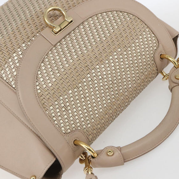 Salvatore Ferragamo Gancini Hand Bag Leather 2way Beige Gold Auth ka1275