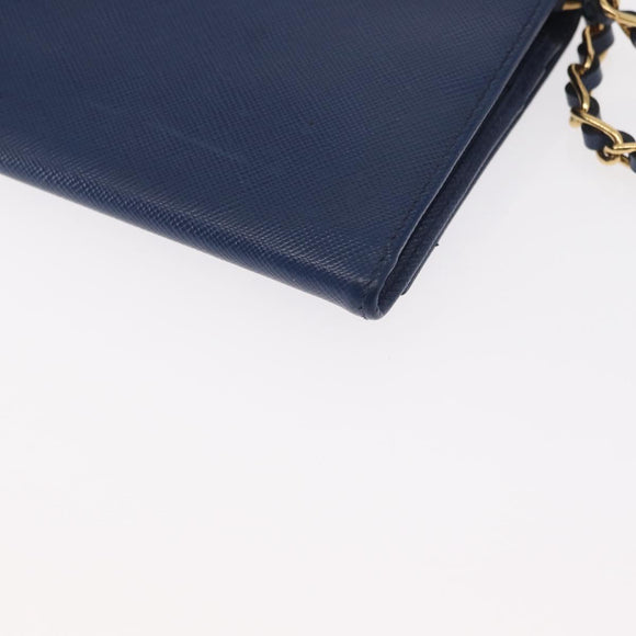 PRADA Chain Shoulder Wallet Safiano leather Blue Gold Auth ka128
