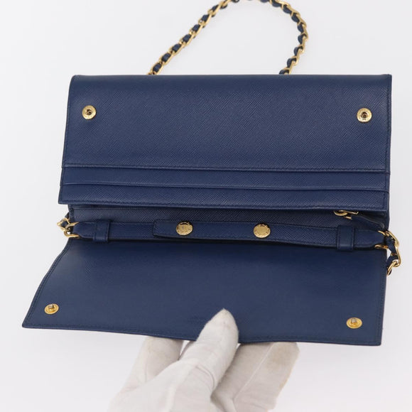 PRADA Chain Shoulder Wallet Safiano leather Blue Gold Auth ka128