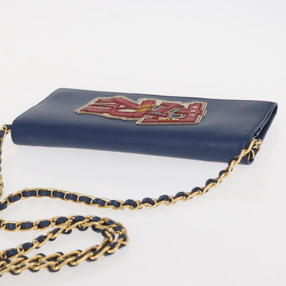 PRADA Chain Shoulder Wallet Safiano leather Blue Gold Auth ka128