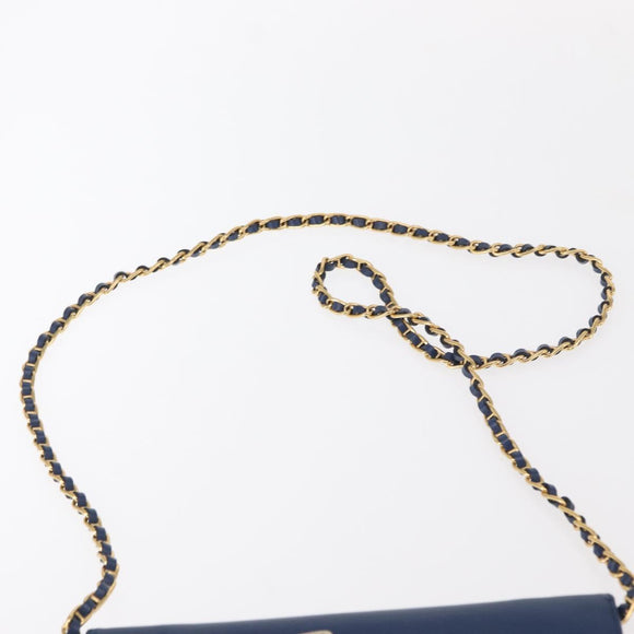 PRADA Chain Shoulder Wallet Safiano leather Blue Gold Auth ka128
