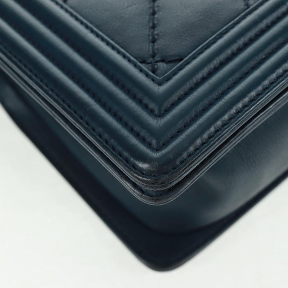 CHANEL Chain Matelasse 25 Boy Chanel Bag Lamb Skin Navy Silver CC Auth ka1286SAM