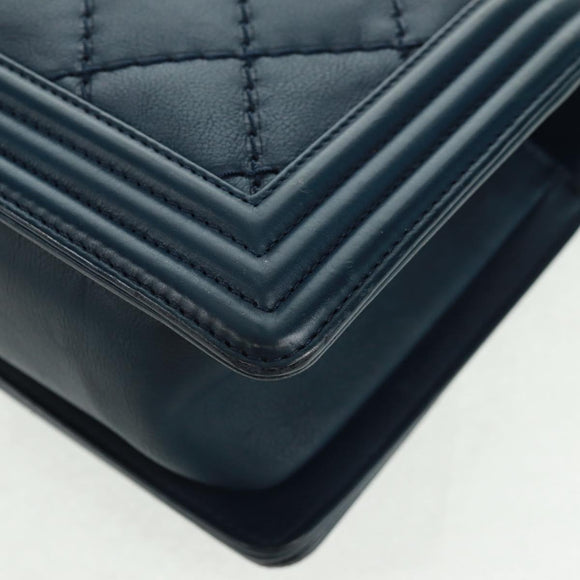 CHANEL Chain Matelasse 25 Boy Chanel Bag Lamb Skin Navy Silver CC Auth ka1286SAM