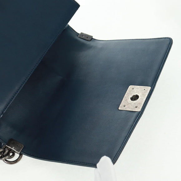 CHANEL Chain Matelasse 25 Boy Chanel Bag Lamb Skin Navy Silver CC Auth ka1286SAM