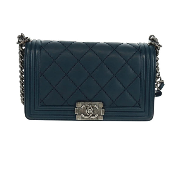 CHANEL Chain Matelasse 25 Boy Chanel Bag Lamb Skin Navy Silver CC Auth ka1286SAM