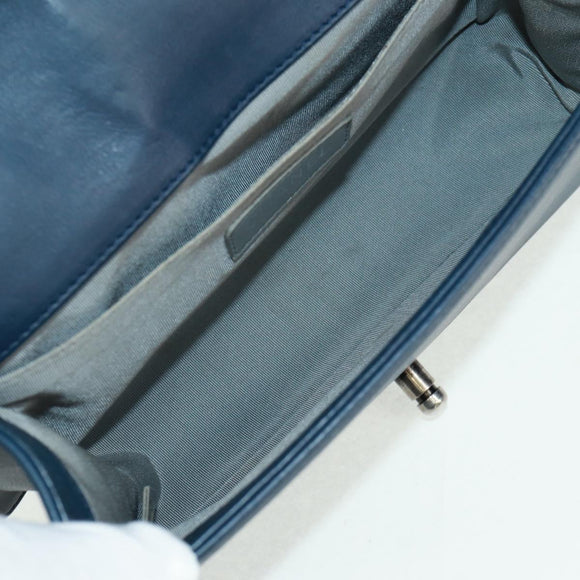 CHANEL Chain Matelasse 25 Boy Chanel Bag Lamb Skin Navy Silver CC Auth ka1286SAM