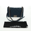 CHANEL Chain Matelasse 25 Boy Chanel Bag Lamb Skin Navy Silver CC Auth ka1286SAM-25