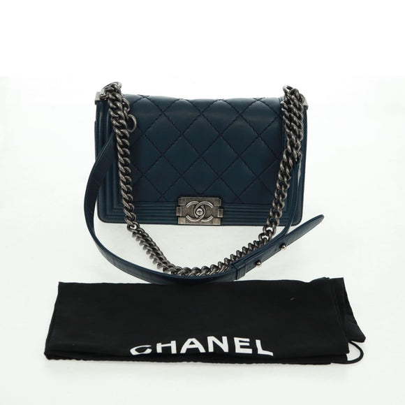 CHANEL Chain Matelasse 25 Boy Chanel Bag Lamb Skin Navy Silver CC Auth ka1286SAM