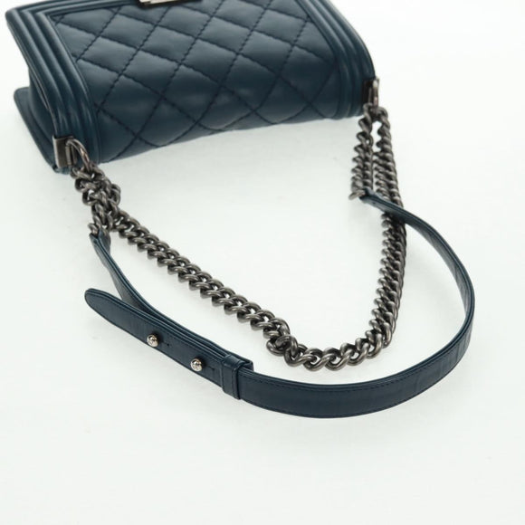 CHANEL Chain Matelasse 25 Boy Chanel Bag Lamb Skin Navy Silver CC Auth ka1286SAM