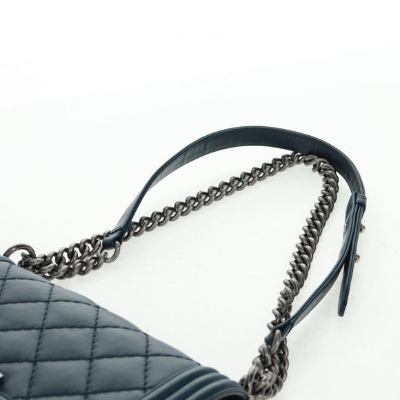 CHANEL Chain Matelasse 25 Boy Chanel Bag Lamb Skin Navy Silver CC Auth ka1286SAM