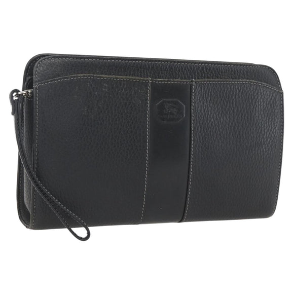 BURBERRY Clutch Bag Leather Black Silver Auth ka1315