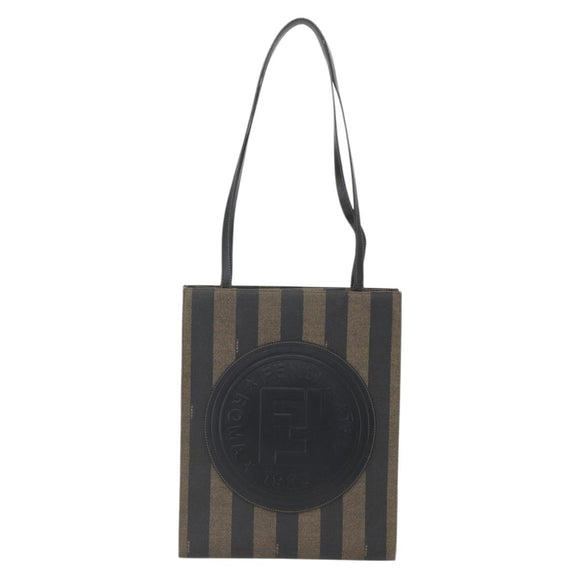 FENDI Pecan Canvas Shoulder Bag PVC Black Brown gold Auth ka1323