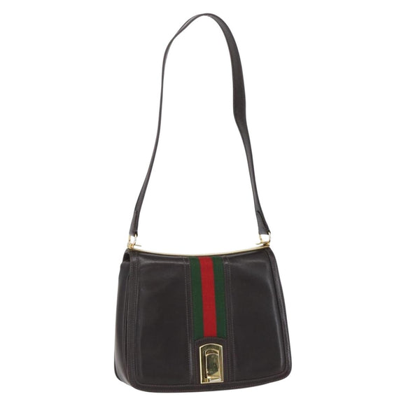 GUCCI Web Sherry Line Shoulder Bag Leather Brown Gold Auth ka1343