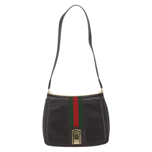 GUCCI Web Sherry Line Shoulder Bag Leather Brown Gold Auth ka1343