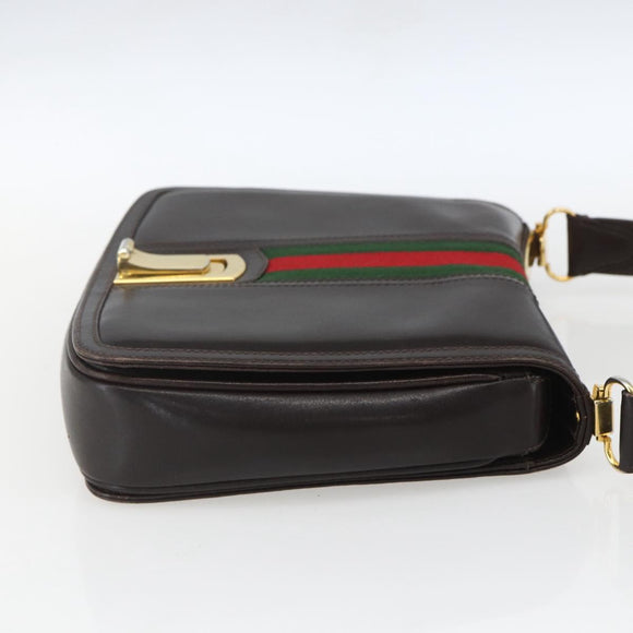 GUCCI Web Sherry Line Shoulder Bag Leather Brown Gold Auth ka1343