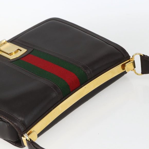 GUCCI Web Sherry Line Shoulder Bag Leather Brown Gold Auth ka1343