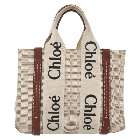 Chloe Woody La Tote Bag Canvas Leather Beige Brown Auth ka1346