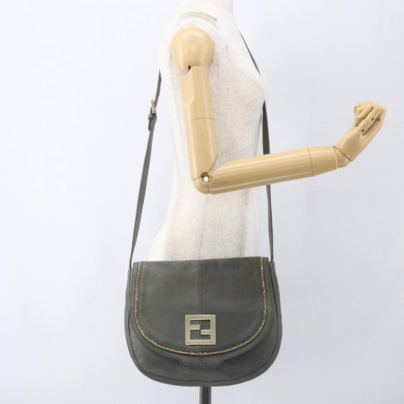 FENDI Shoulder Bag Suede Gray Gold Auth ka1367