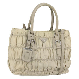 PRADA Hand Bag Nylon 2way Beige Silver Auth ka1368