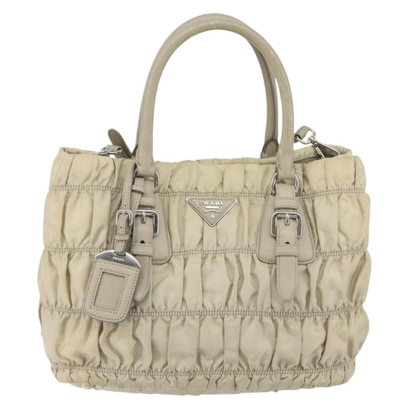 PRADA Hand Bag Nylon 2way Beige Silver Auth ka1368