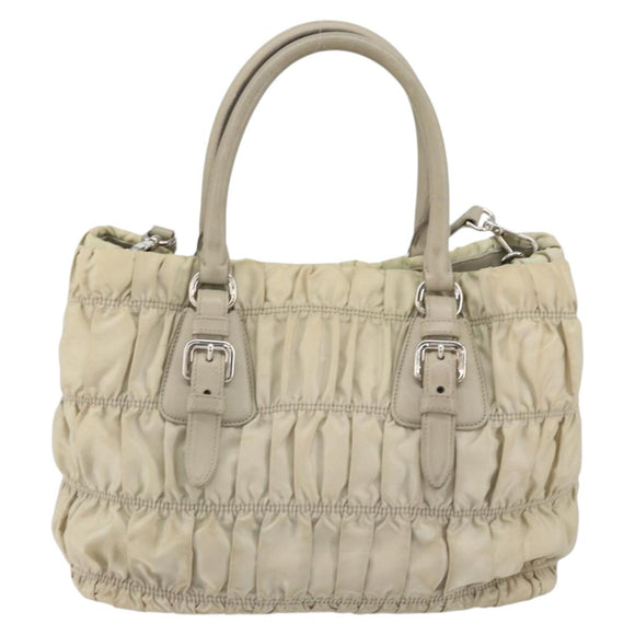 PRADA Hand Bag Nylon 2way Beige Silver Auth ka1368