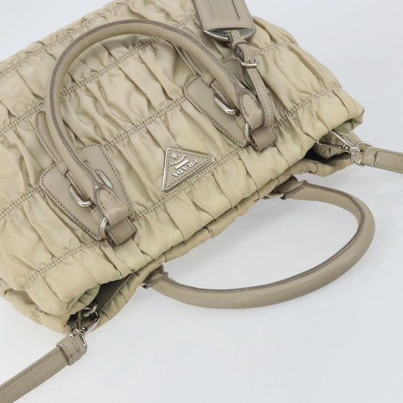 PRADA Hand Bag Nylon 2way Beige Silver Auth ka1368
