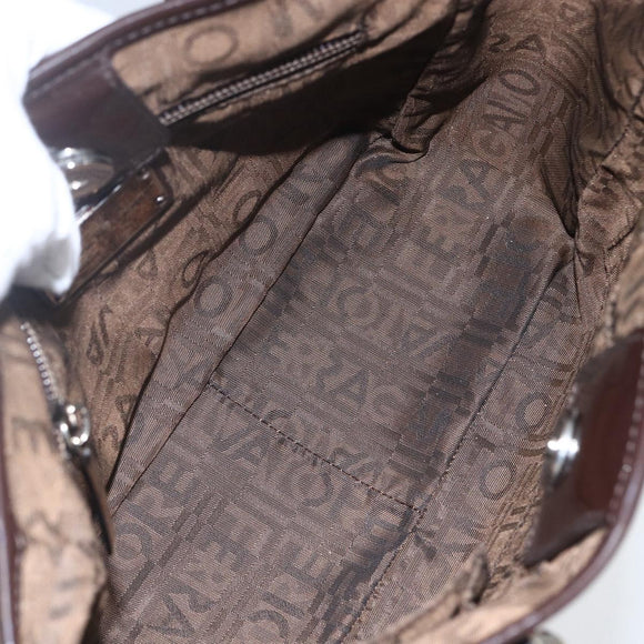 Salvatore Ferragamo Animal Pattern Hand Bag Vinyl Brown Gold Silver Auth ka1371