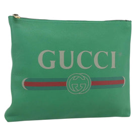 GUCCI Web Sherry Line Clutch Bag Leather Green Gold 500981 Auth ka1375