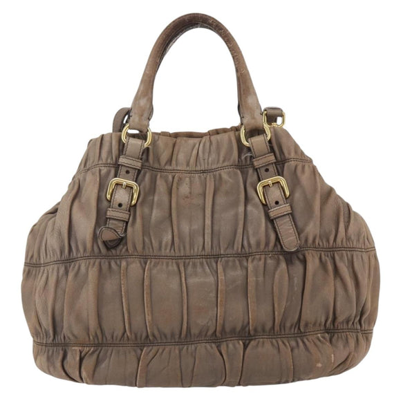 PRADA Hand Bag Leather 2way Beige Gold Auth ka1381