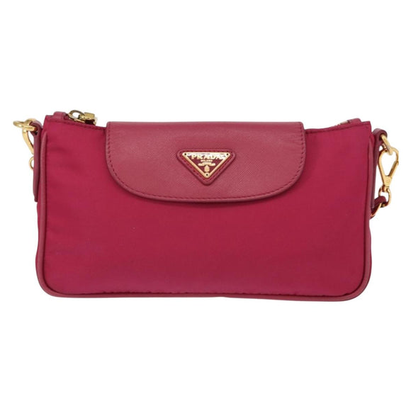 PRADA Chain Shoulder Bag Nylon Leather Pink Gold Auth ka140