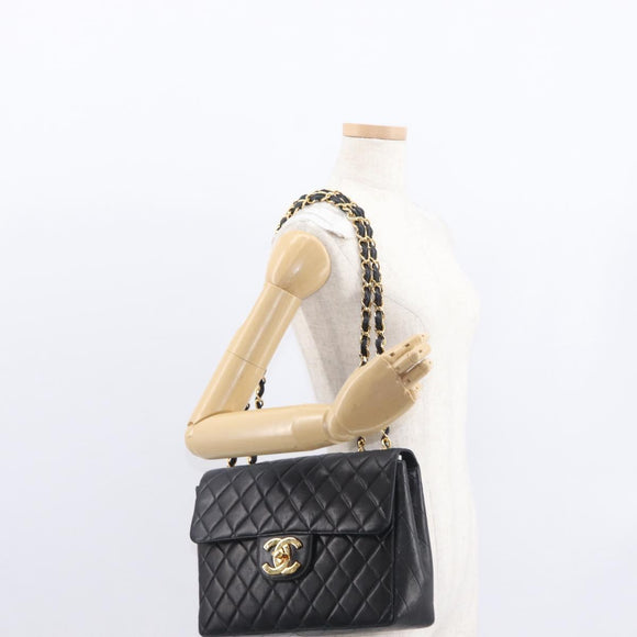 CHANEL Big Matelasse 30 Chain Shoulder Bag Lamb Skin Black Gold CC Auth ka1400V