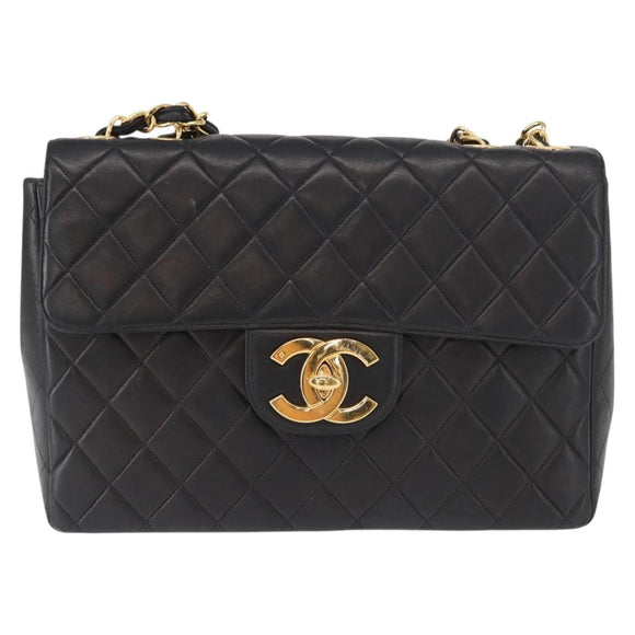 CHANEL Big Matelasse 30 Chain Shoulder Bag Lamb Skin Black Gold CC Auth ka1400V