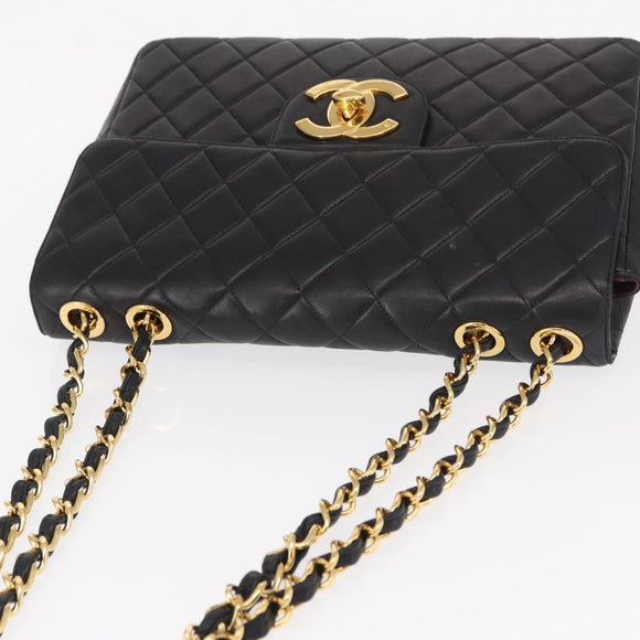 CHANEL Big Matelasse 30 Chain Shoulder Bag Lamb Skin Black Gold CC Auth ka1400V